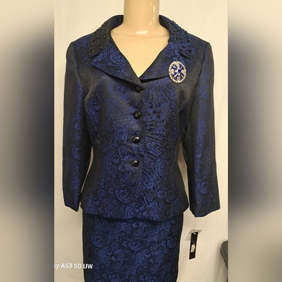 Tahari Arthur S. Levine Royal Blue/Black 2 PC Skirt Suit 10 Ronnie Style New - Picture 3 of 12
